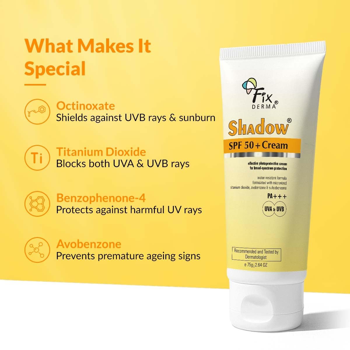 Fixderma Shadow Sunscreen SPF 50+ Cream PA+++ Dry Skin For Body & Face Broad Spectrum Sunscreen For UVA & UVB Protection Non Greasy & Water Resistant-75gm (Pack Of 1) - Image 4