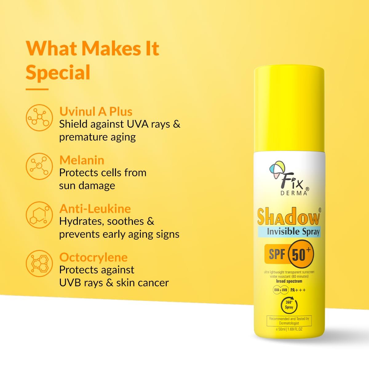 Fixderma Shadow SPF 50+ PA+++ Invisible Spray | Ultra Lightweight Transparent Sunscreen | Water Resistant Broad Spectrum UVA&UVB Sunscreen water resistant, spray for body 50ml (Pack of 1) - Image 3