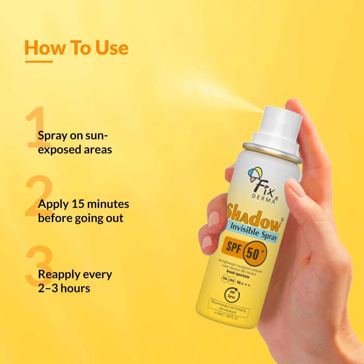 Fixderma Shadow SPF 50+ PA+++ Invisible Spray | Ultra Lightweight Transparent Sunscreen | Water Resistant Broad Spectrum UVA&UVB Sunscreen water resistant, spray for body 50ml (Pack of 1) - Image 2