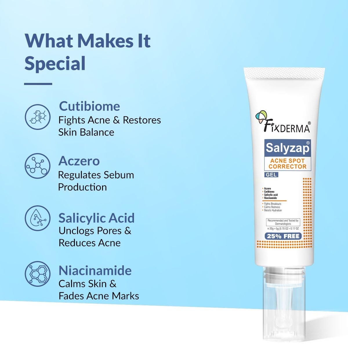 Fixderma Salyzap 2% Salicylic Acid Acne Spot Corrector Gel with 2% Niacinamide Acid & 1% Aczero | Reduce Active Acne & Redness | Fades Dark Spots & Blemishes | Pimple Remover For Men & Women - 20g - Image 4