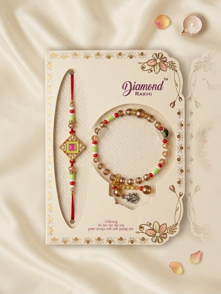 Premium Bhaiya Bhabhi Meenakari Rakhi Set with Crystal Lumba Bracelet & Ganesha Charm
