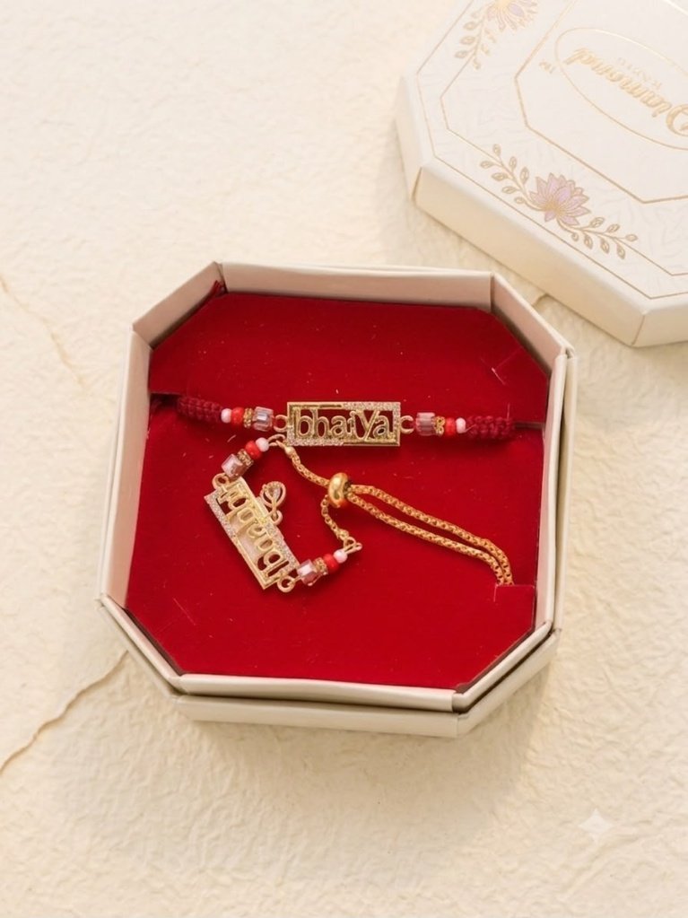 Elegant Gold-Plated Bhaiya Bhabhi Rakhi Set with Adjustable Chain & Velvet Gift Box
