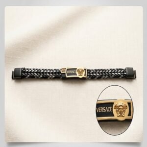 Men's Black Braided Leather Bracelet with Gold Medallion