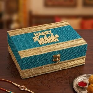 premium Teal Woven Raksha Bandhan Gift Hamper Box with Gold Zari Borders and Matching Festive Jars
