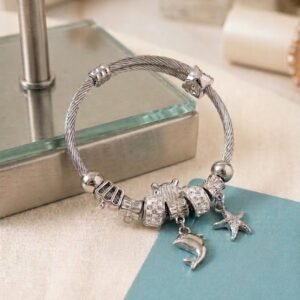 Silver Stainless Steel Ocean Charm Bangle Bracelet