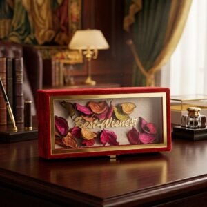 Elegant Red Velvet Keepsake Box with Gold Floral Brocade Accent and "Best Wishes" Dry Petal Display Window