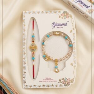 Exquisite Bhaiya Bhabhi Rakhi & Lumba Set – Turquoise Meenakari Art with Kundan Drops