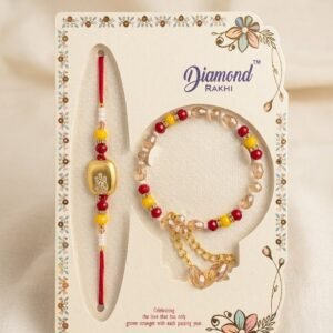 Elegant Bhaiya Bhabhi Rakhi & Lumba Set – Golden Metallic Centerpiece with Vibrant Beads