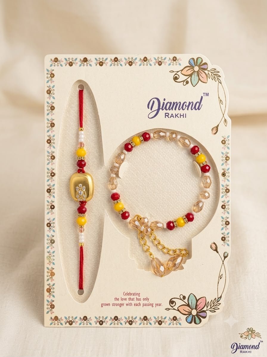 Elegant Bhaiya Bhabhi Rakhi & Lumba Set – Golden Metallic Centerpiece with Vibrant Beads