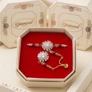 Luxury Floral American Diamond Bhaiya Bhabhi Rakhi Set with Adjustable Lumba Bracelet