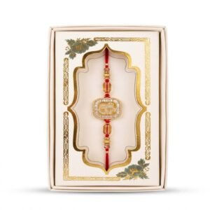 Ik Onkar Baguette CZ Stone Rectangle Frame Golden Metallic Rakhi