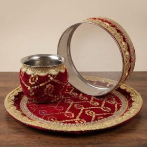 Royal Maroon and Gold Velvet Karwa Chauth Pooja Thali Set with Chalni and Lota