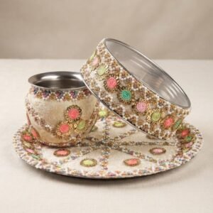 Designer Beige & Multi-Color Floral Embroidered Karwa Chauth Pooja Thali Set with Chalni and Lota