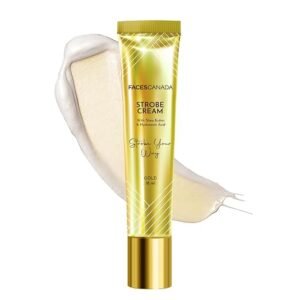 FACES CANADA Strobe Cream Mini- Peach, 18ml | Primer + Highlighter + Moisturizer | Shea Butter & Hyaluronic Acid | Intense Hydration | Flawless Radiant Dewy Skin | Illuminating & Glowing Makeup Base - Gold
