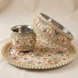 Designer Cream & Multi-Color Floral Embroidered Karwa Chauth Pooja Thali Set with Chalni and Lota