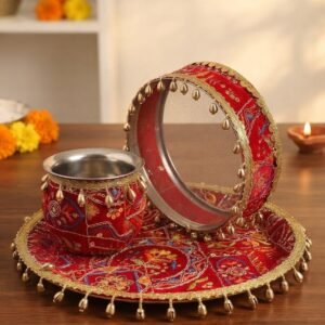 Traditional Red and Gold Embroidered Karwa Chauth Pooja Thali Set with Chalni and Lota