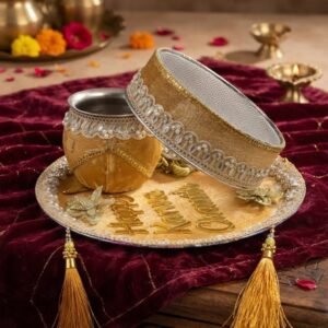 Royal Golden Velvet Karwa Chauth Pooja Thali Set with Chalni and Lota